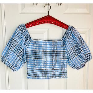 Lulu's Delightful Disposition Plaid Puff Sleeve Top sz M